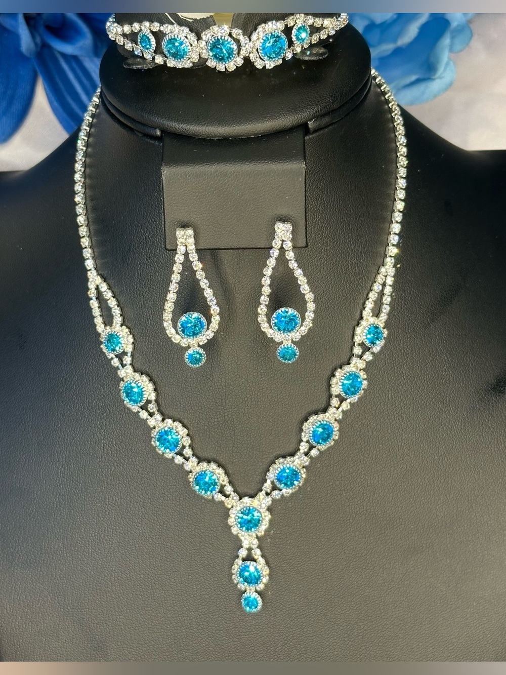 Blue Crystal Rhinestone Jewelry Set Wedding Prom Formal Silver Tone